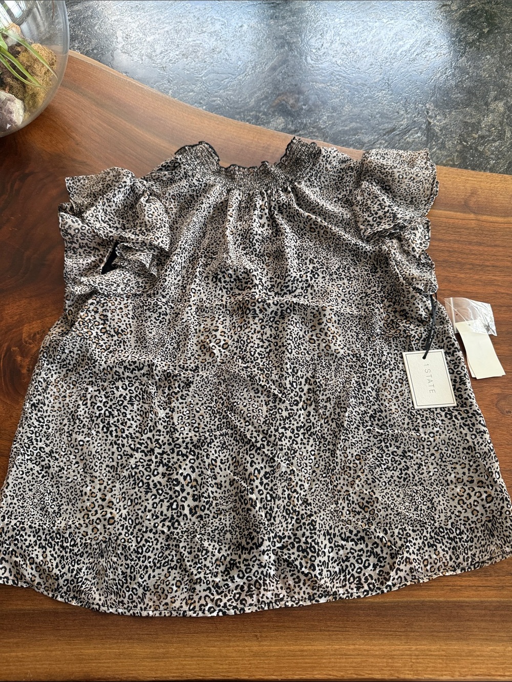STATE Leopard Print Ruffle Sleeve Blouse in Beige and Black